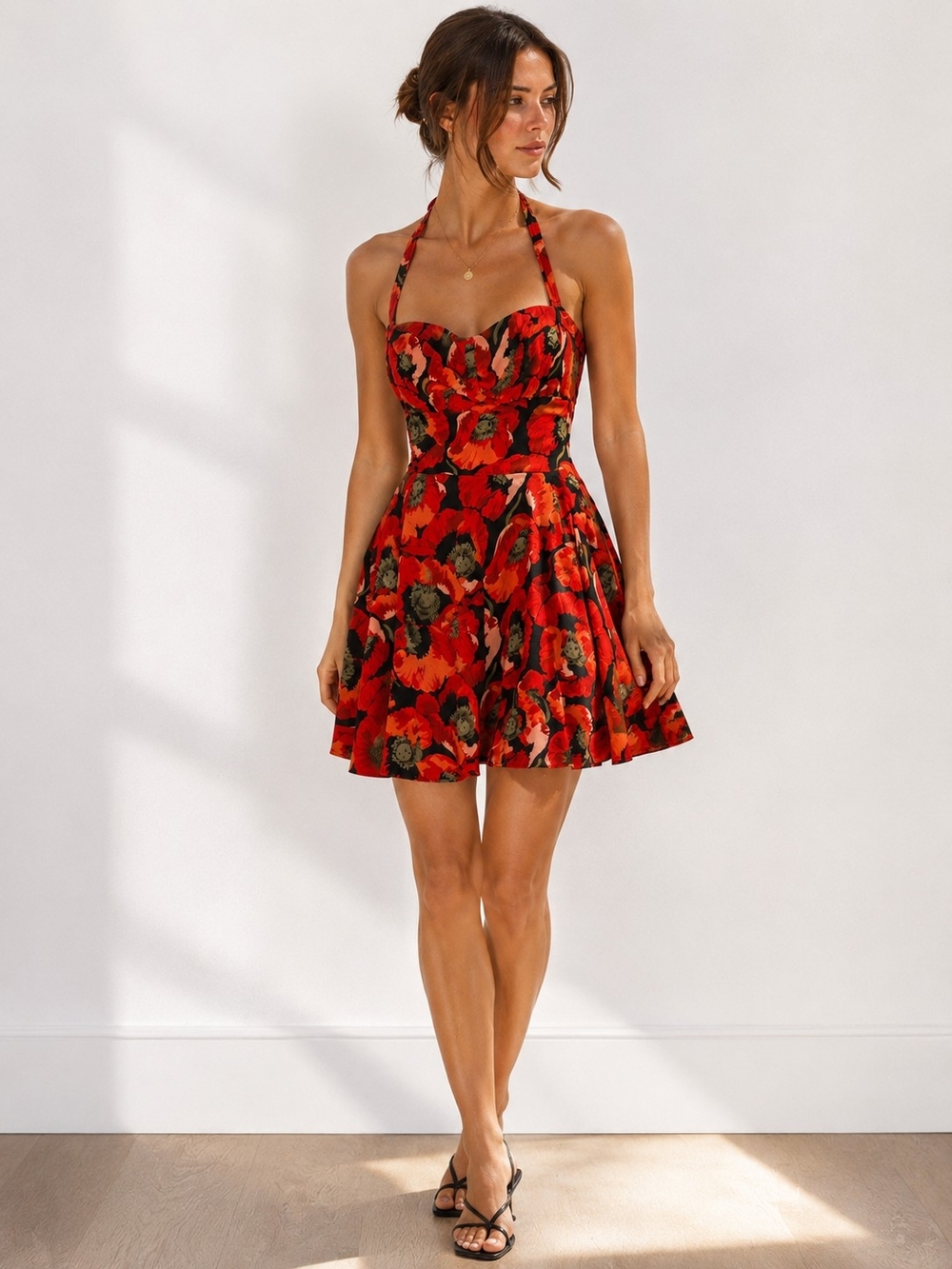 Vintage Y2K USA Made Red Poppy Floral Halter Midi Dress Cottagecore Size M